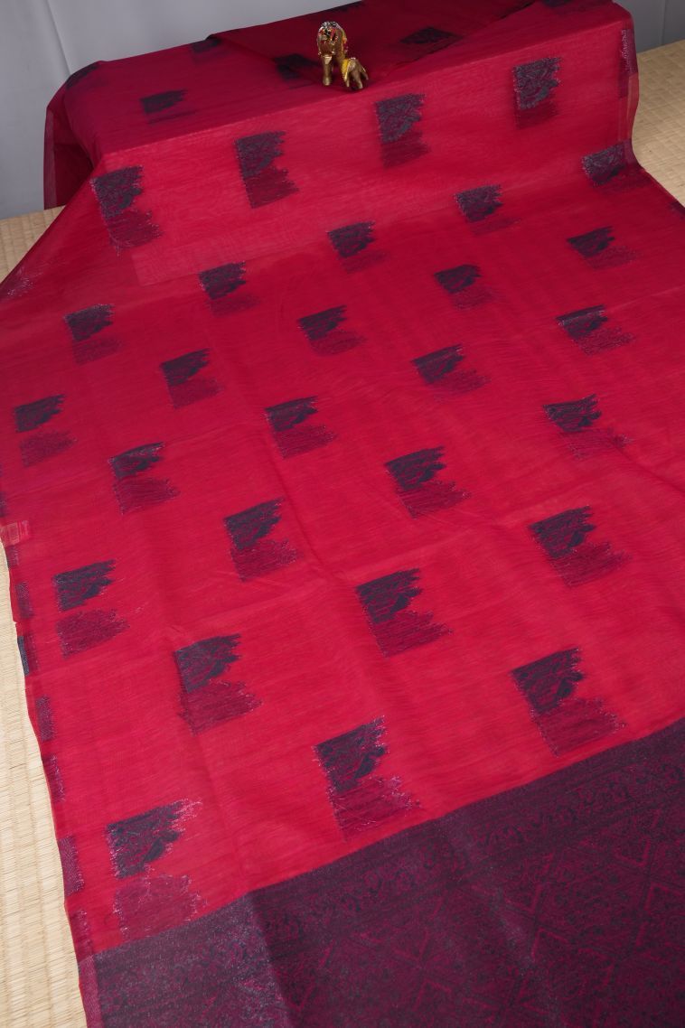 Rose  Red Tussar Saree with Bronze Zari Buttis (small Dots Or Motifs) view 2