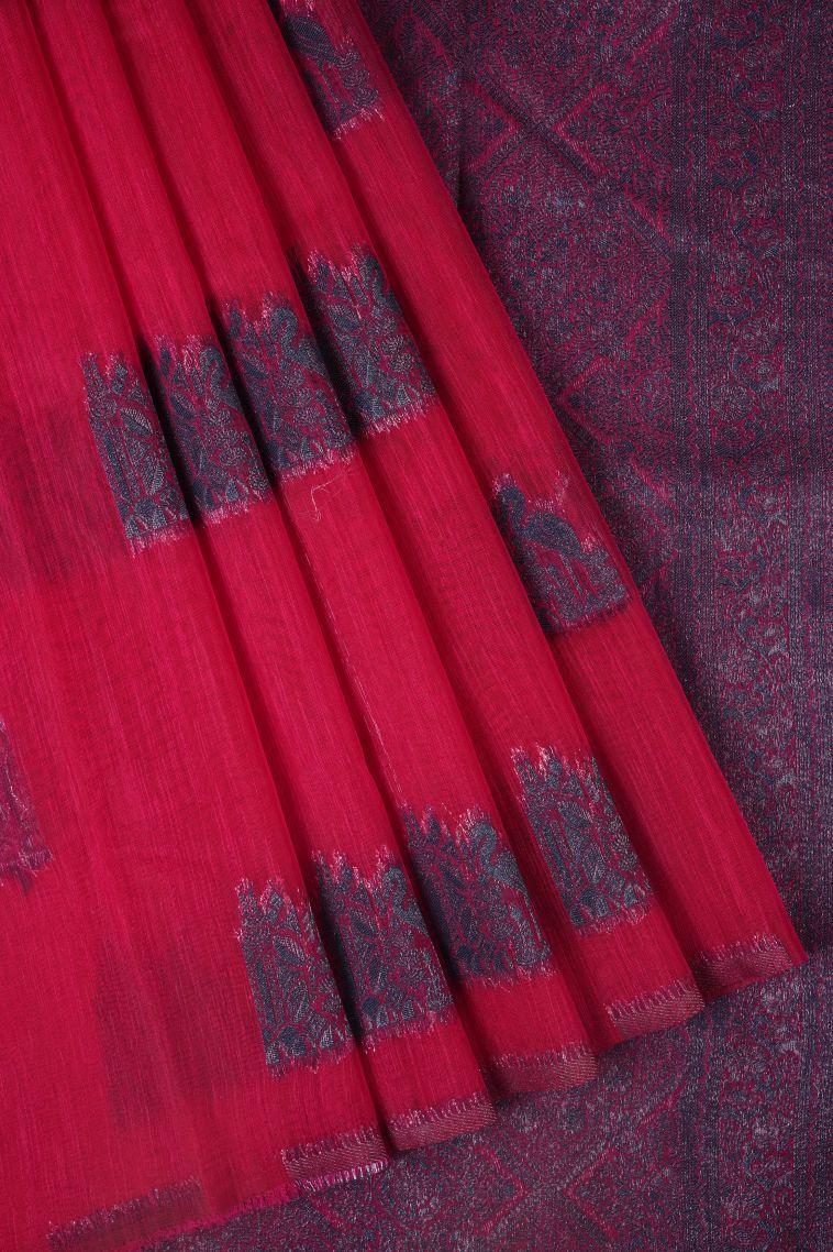 Rose  Red Tussar Saree with Bronze Zari Buttis (small Dots Or Motifs) view 1