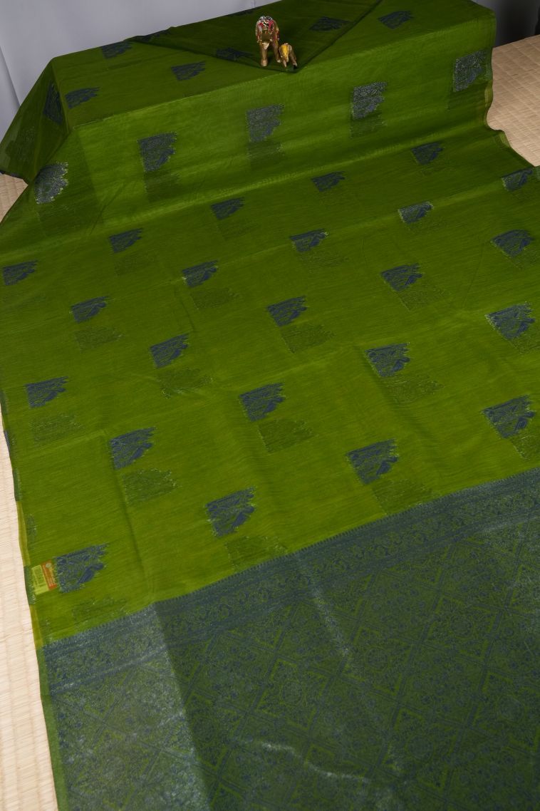 Basil Green Tussar Saree with Bronze Zari Buttis (small Dots Or Motifs) view 2