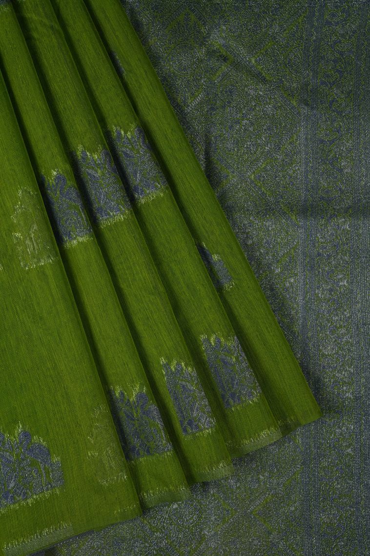 Basil Green Tussar Saree with Bronze Zari Buttis (small Dots Or Motifs) view 1