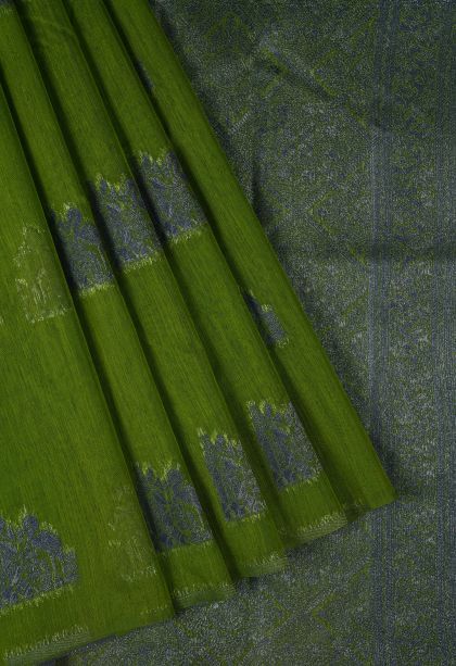 Basil Green Tussar Saree with Bronze Zari Buttis (small Dots Or Motifs)