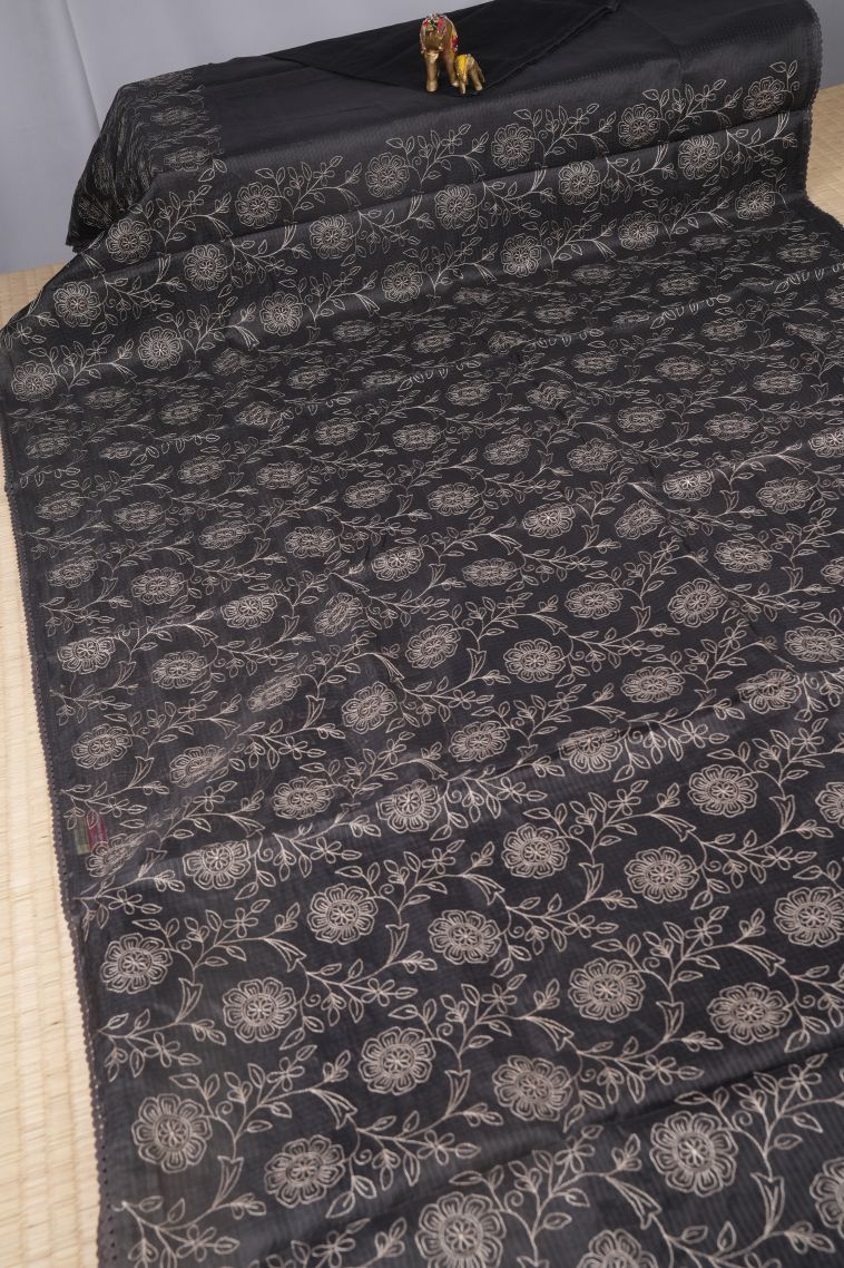 Gray Black Tussar Saree with Without Zari Zari Floral Patterns view 2