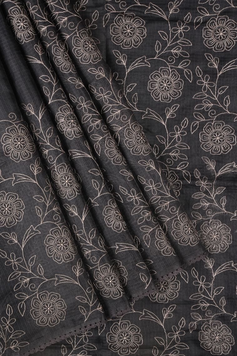 Gray Black Tussar Saree with Without Zari Zari Floral Patterns view 1