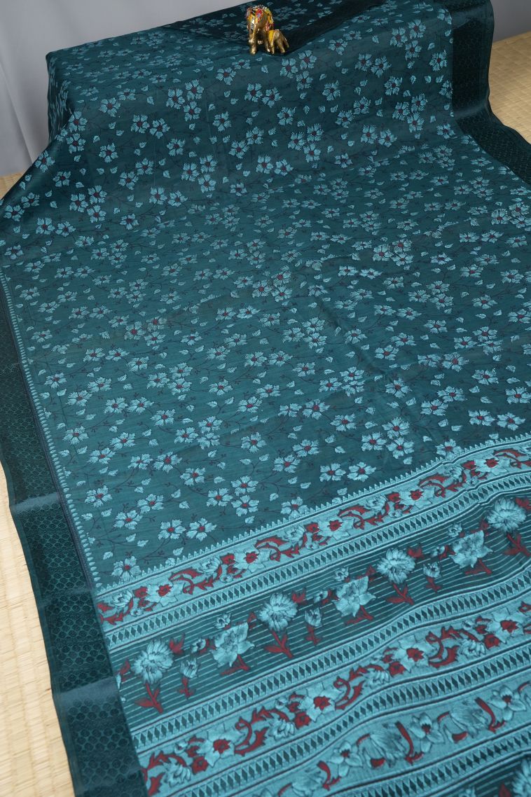 Ocean Blue Chanderi Cotton Sarees with Without Zari Zari Floral Patterns view 2