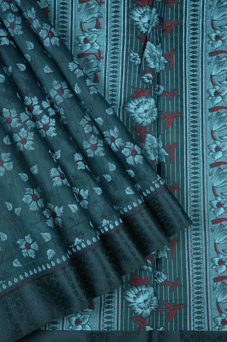 Ocean Blue Chanderi Cotton Sarees with Without Zari Zari Floral Patterns view 1