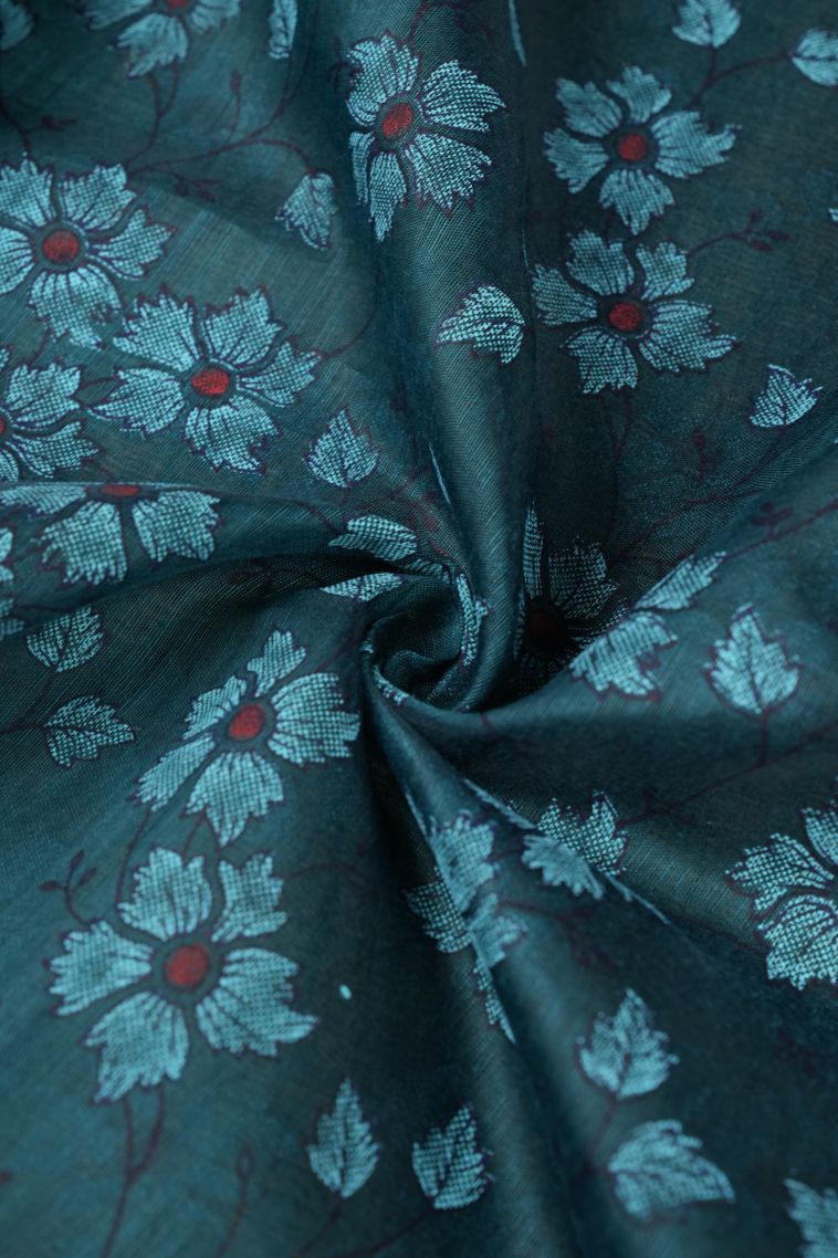 Ocean Blue Chanderi Cotton Sarees with Without Zari Zari Floral Patterns view 4
