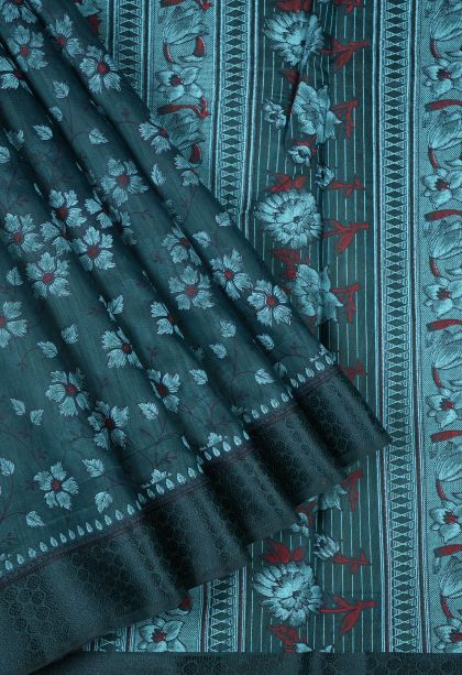 Ocean Blue Chanderi Cotton Sarees with Without Zari Zari Floral Patterns