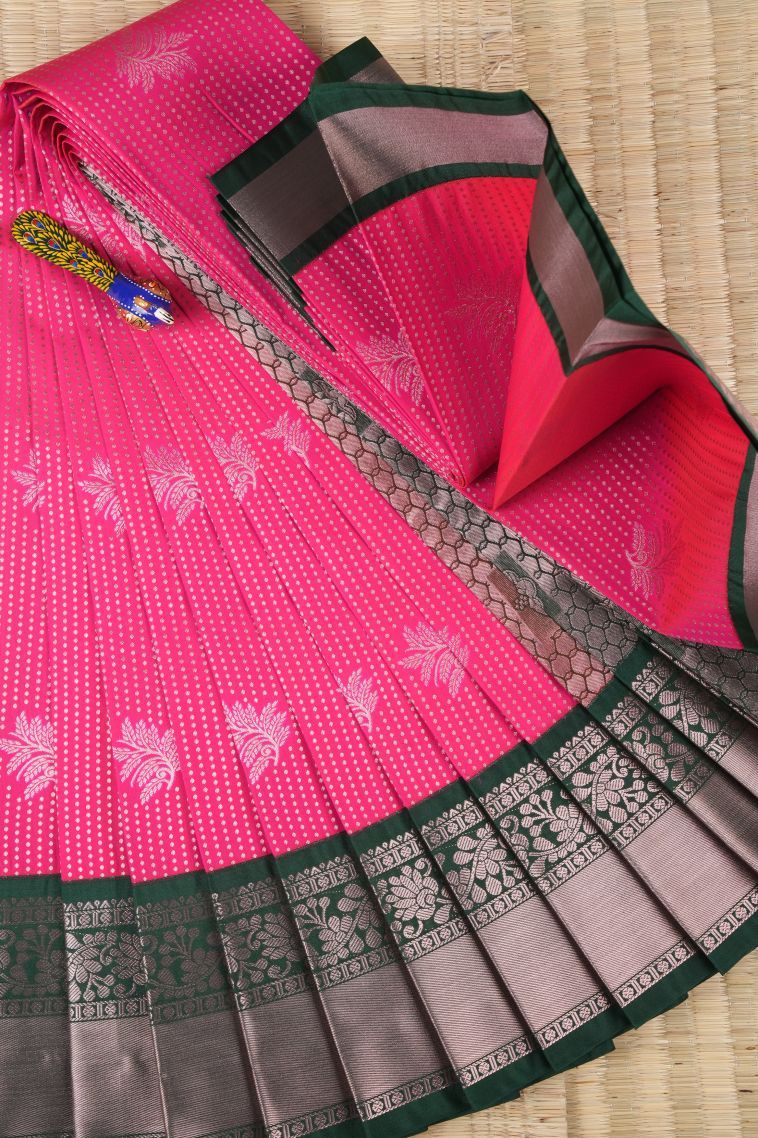 Hot Pink Visiri Madippu Silk Sarees with Copper Zari Buttis (small Dots Or Motifs) view 1