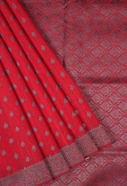 Rose  Red Tussar Saree with Bronze Zari Buttis (small Dots Or Motifs)