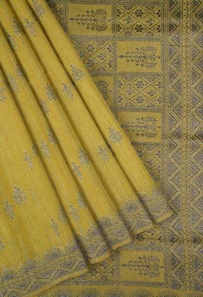 Latte Yellow Tussar Saree with Bronze Zari Buttis (small Dots Or Motifs)