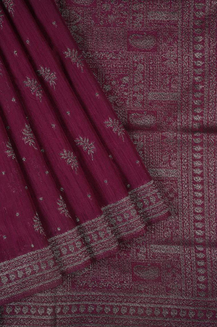 Magenta Purple Tussar Saree with Bronze Zari Buttis (small Dots Or Motifs) view 1