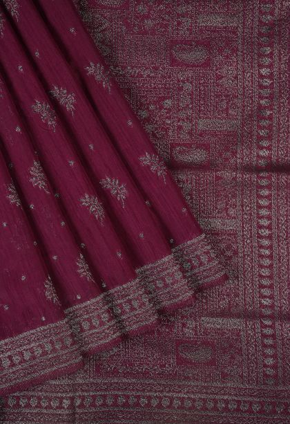 Magenta Purple Tussar Saree with Bronze Zari Buttis (small Dots Or Motifs)