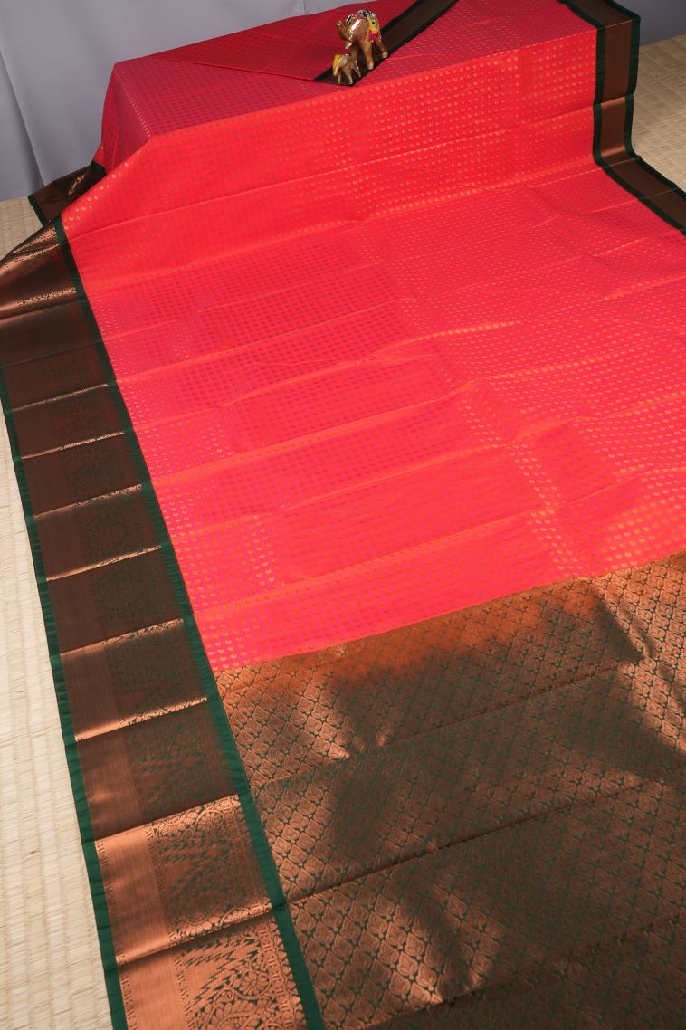 Hot Pink Visiri Madippu Silk Sarees with Copper Zari Buttis (small Dots Or Motifs) view 2