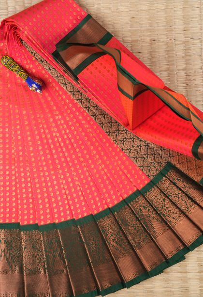 Hot Pink Visiri Madippu Silk Sarees with Copper Zari Buttis (small Dots Or Motifs)