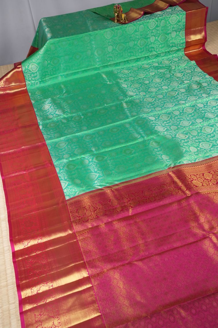 Mint Green Kanchipuram Silk Sarees with Gold Zari Floral Patterns view 2
