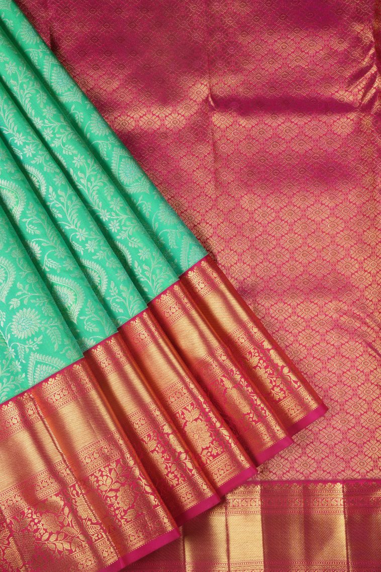 Mint Green Kanchipuram Silk Sarees with Gold Zari Floral Patterns view 1