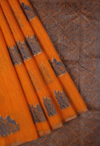 Apricot Orange Tussar Saree with Bronze Zari Buttis (small Dots Or Motifs)