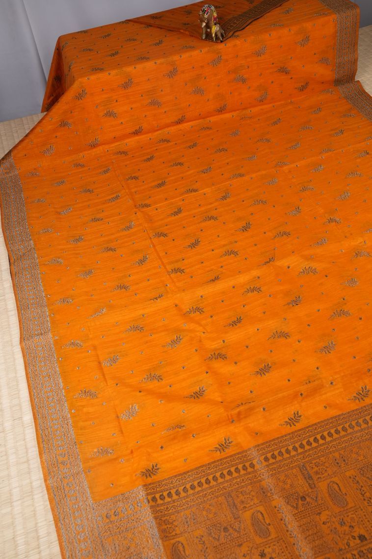 Merigold Orange Tussar Saree with Bronze Zari Buttis (small Dots Or Motifs) view 2
