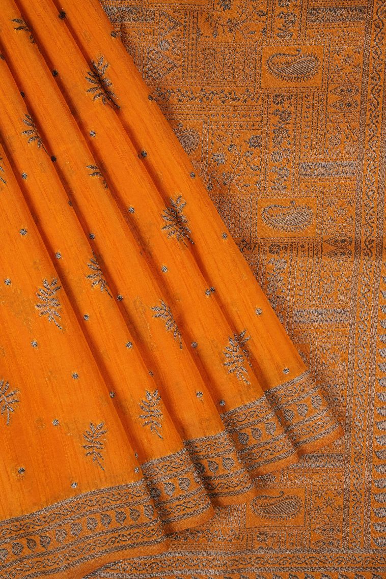 Merigold Orange Tussar Saree with Bronze Zari Buttis (small Dots Or Motifs) view 1