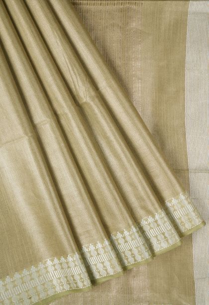 Olive Green Tussar Saree with Without Zari Zari Plain