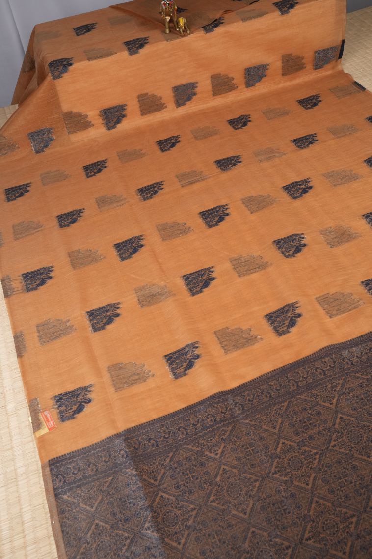 Cream White Tussar Saree with Bronze Zari Buttis (small Dots Or Motifs) view 2