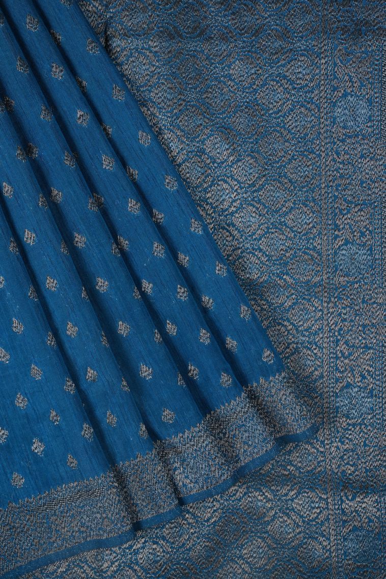 Sapphire Blue Tussar Saree with Bronze Zari Buttis (small Dots Or Motifs) view 1