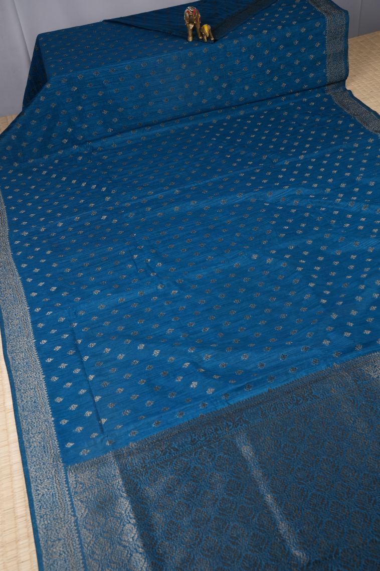 Sapphire Blue Tussar Saree with Bronze Zari Buttis (small Dots Or Motifs) view 2