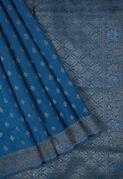Sapphire Blue Tussar Saree with Bronze Zari Buttis (small Dots Or Motifs)
