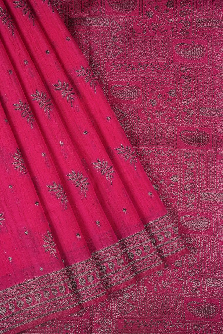 Hot Pink Tussar Saree with Bronze Zari Buttis (small Dots Or Motifs) view 1