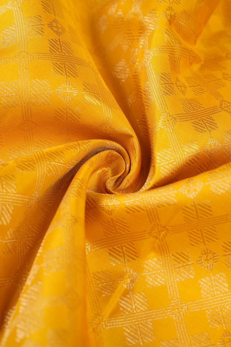Latte Yellow Kanchipuram Silk Sarees with Gold Zari Geometric Shapes view 4