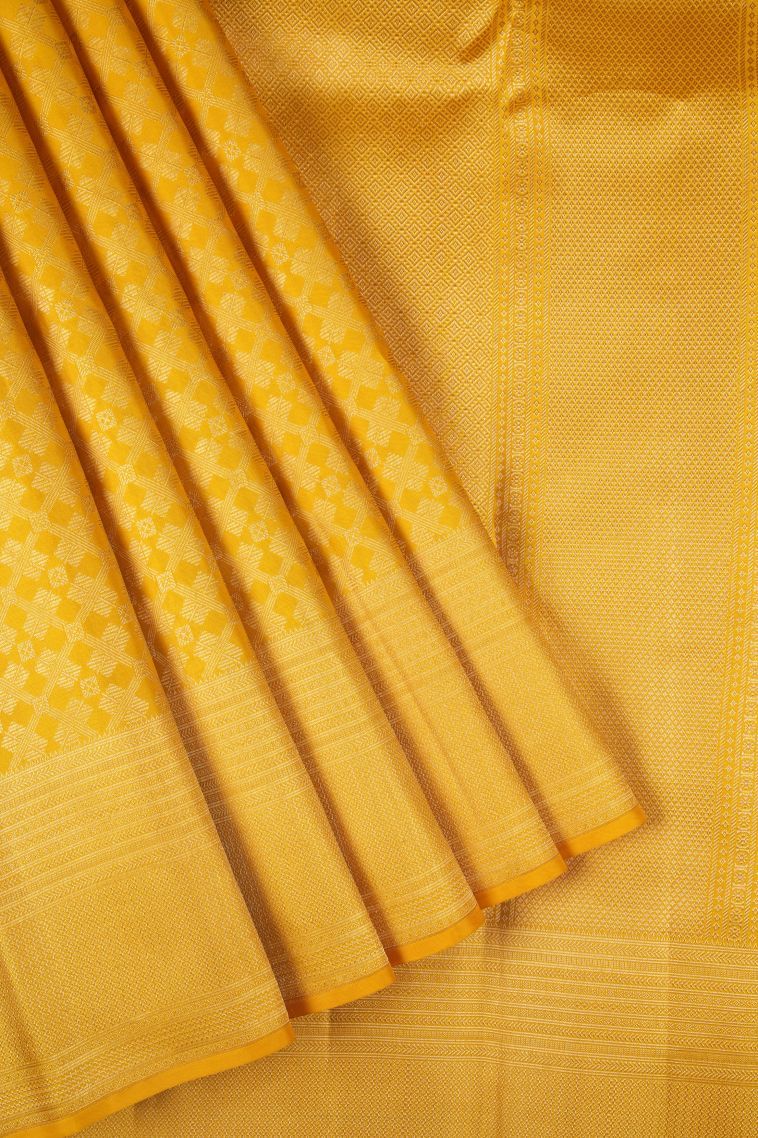 Latte Yellow Kanchipuram Silk Sarees with Gold Zari Geometric Shapes view 1