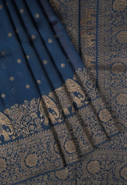 Peacock Blue Banaras Sarees with Gold Zari Buttis (small Dots Or Motifs)