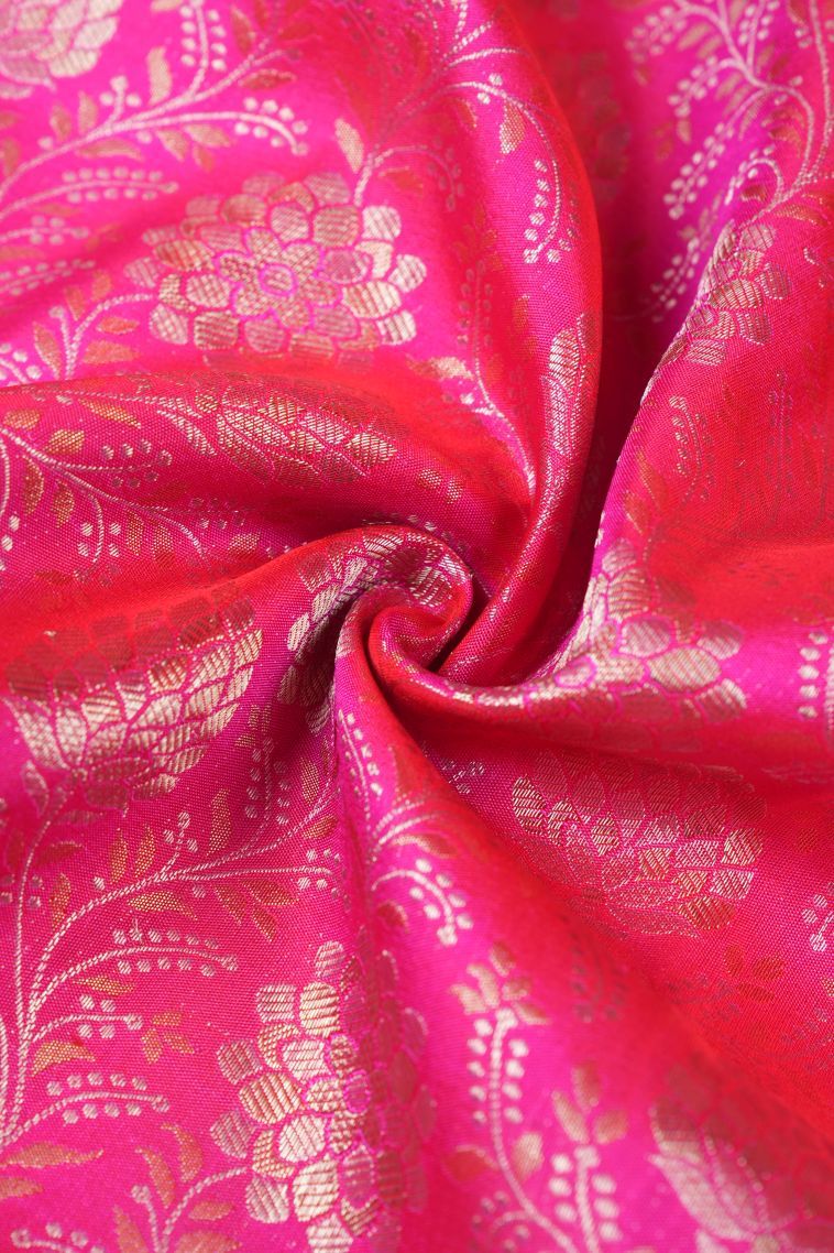 Bubblegum Pink Kanchipuram Silk Sarees with Silver Zari Floral Patterns view 4