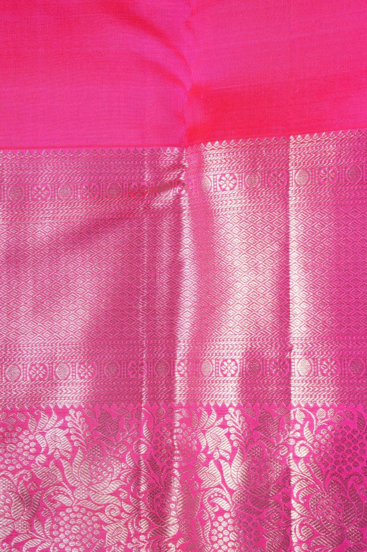 Bubblegum Pink Kanchipuram Silk Sarees with Silver Zari Floral Patterns view 3