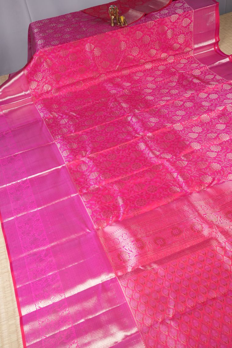 Bubblegum Pink Kanchipuram Silk Sarees with Silver Zari Floral Patterns view 2