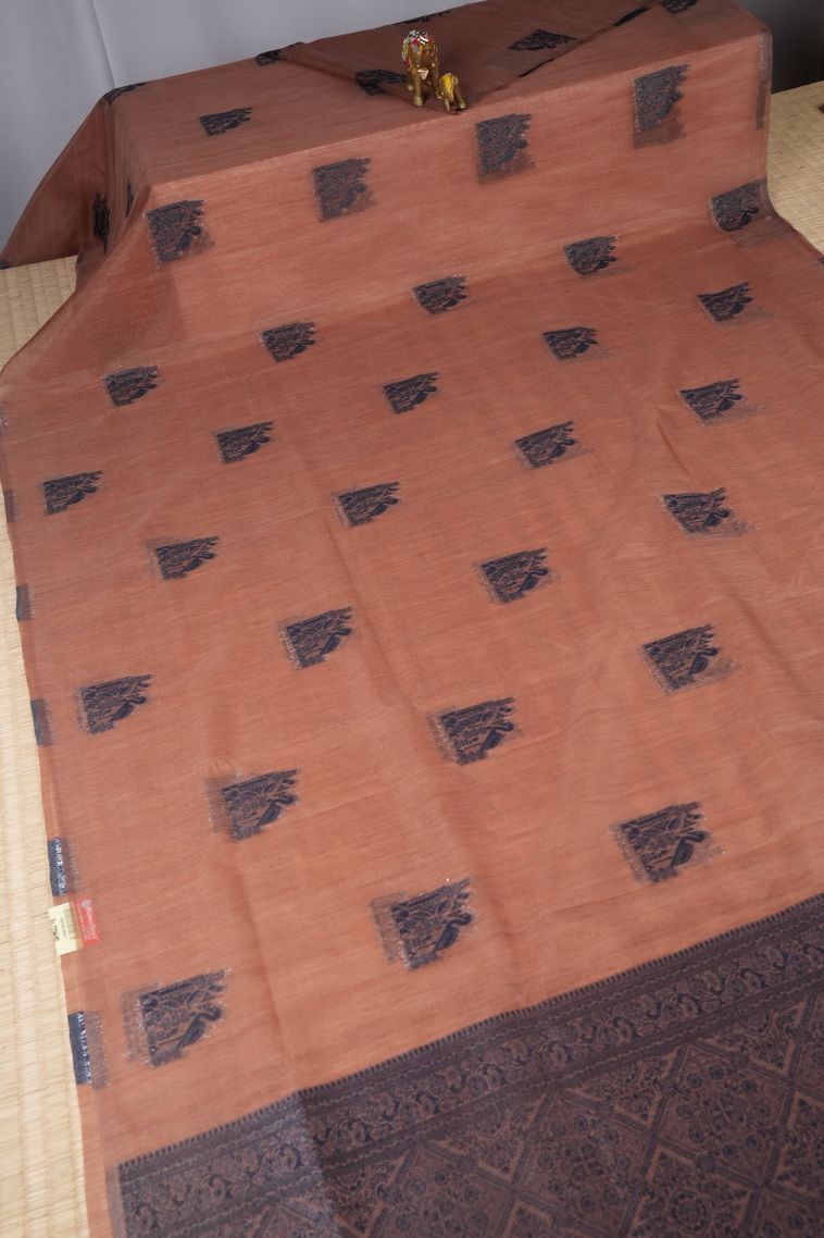 Peach Pink Tussar Saree with Bronze Zari Buttis (small Dots Or Motifs) view 2