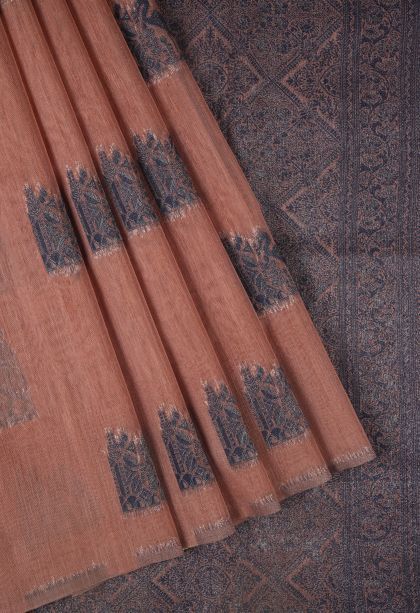Peach Pink Tussar Saree with Bronze Zari Buttis (small Dots Or Motifs)