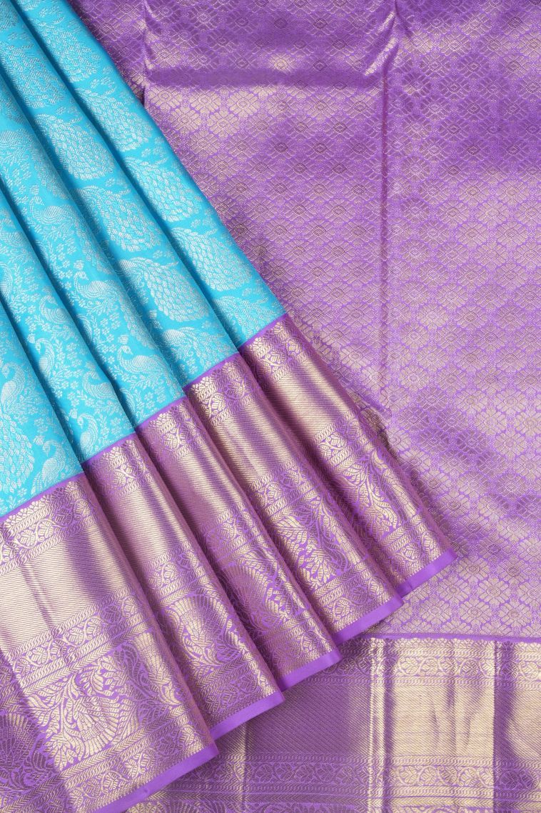 Arctic Blue Kanchipuram Silk Sarees with Silver Zari Floral Patterns view 1