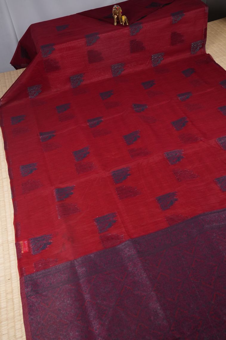 Rose  Red Tussar Saree with Bronze Zari Buttis (small Dots Or Motifs) view 2