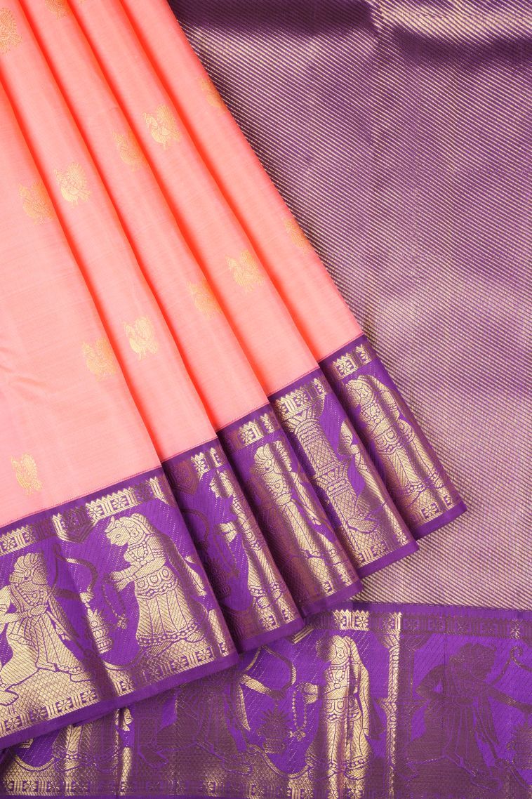 Peach Pink Kanchipuram Silk Sarees with Gold Zari Buttis (small Dots Or Motifs) view 1
