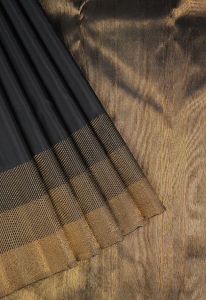 Asphalt Black Kanchipuram Silk Sarees with Without Zari Zari Plain