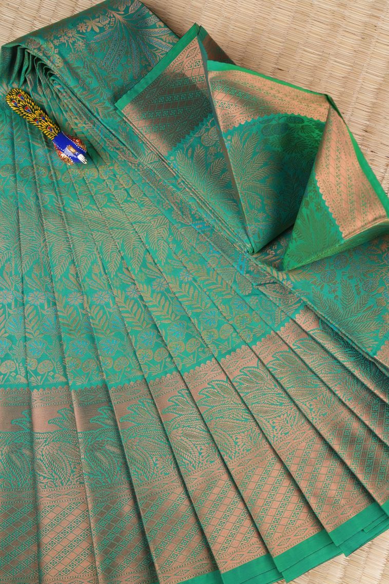 Ocean Blue Visiri Madippu Silk Sarees with Copper Zari Floral Patterns view 1