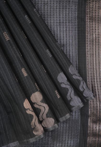 Asphalt Black Jute Sarees with Copper Zari Buttis (small Dots Or Motifs)