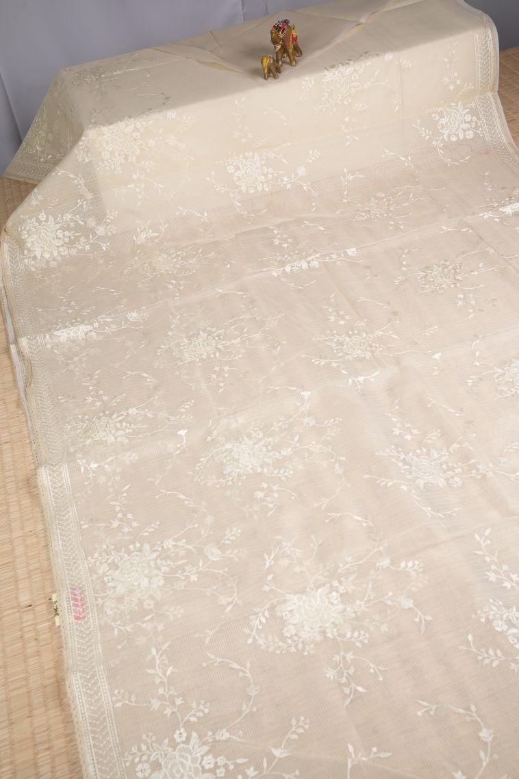 Cream White Organza Saree with Without Zari Zari Floral Patterns view 2