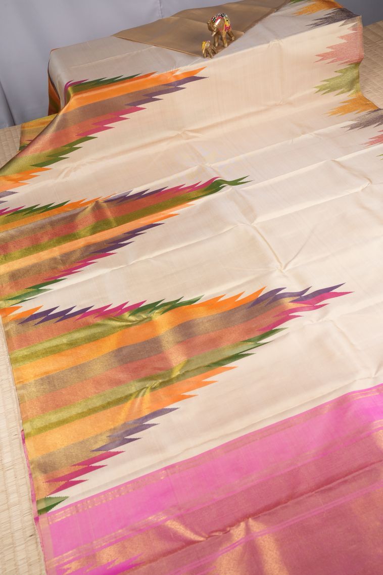 Cream White Kanchipuram Silk Sarees with Gold Zari Abstract Designs view 2