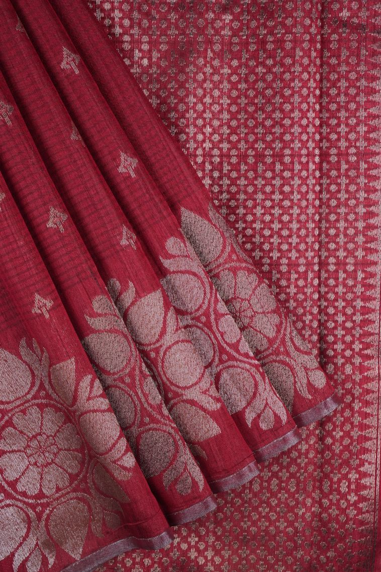 Mahogany Red Jute Sarees with Copper Zari Buttis (small Dots Or Motifs) view 1