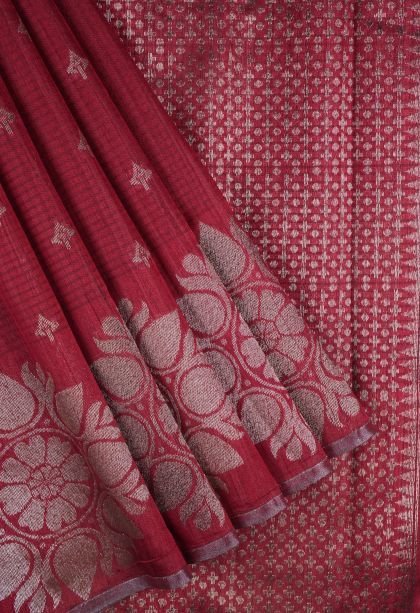 Mahogany Red Jute Sarees with Copper Zari Buttis (small Dots Or Motifs)