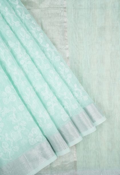 Arctic Blue Organza Saree with Without Zari Zari Floral Patterns