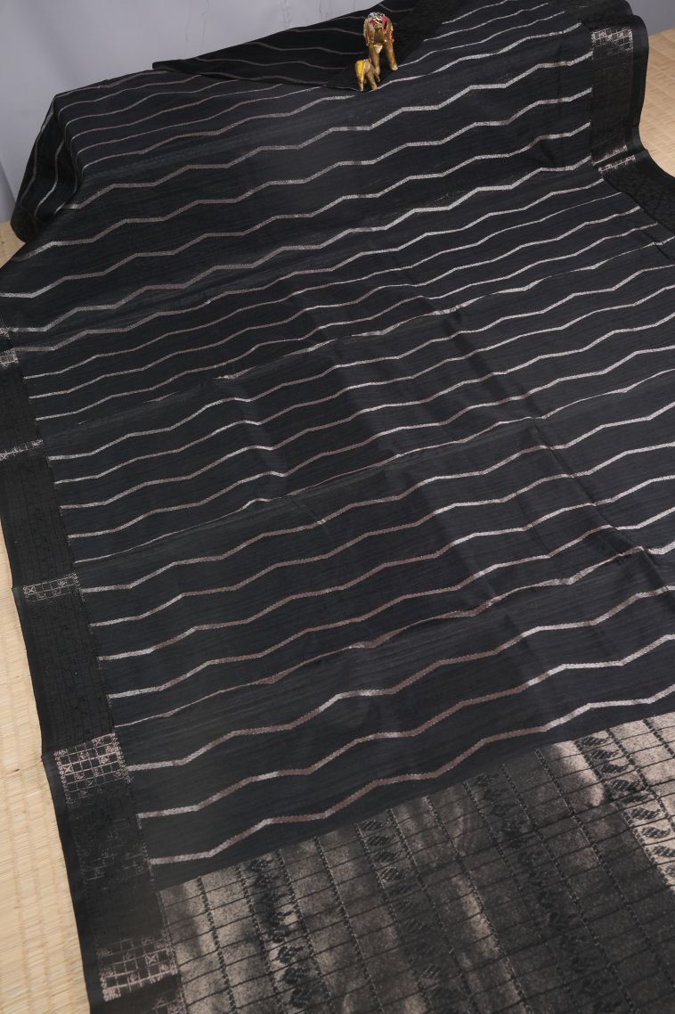 Asphalt Black Jute Sarees with Copper Zari Stripes view 2