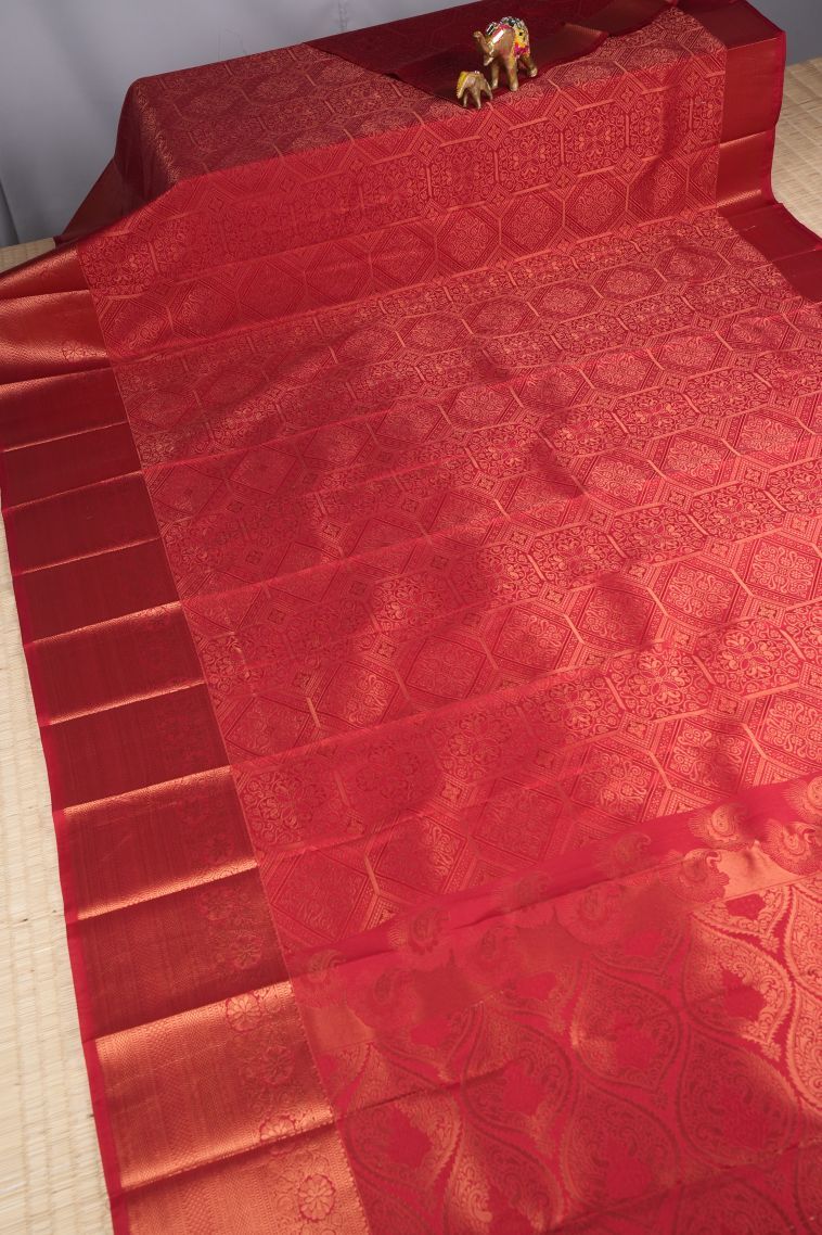 Apple Red Visiri Madippu Silk Sarees with Copper Zari Floral Patterns view 2